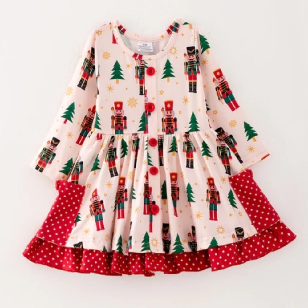 Boutique Christmas Nutcracker Girls Pink Long Sleeve Ruffle Dress